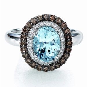 LeVian 14KT White Gold Aquamarine Chocolate Vanilla Diamonds Halo Statement Ring